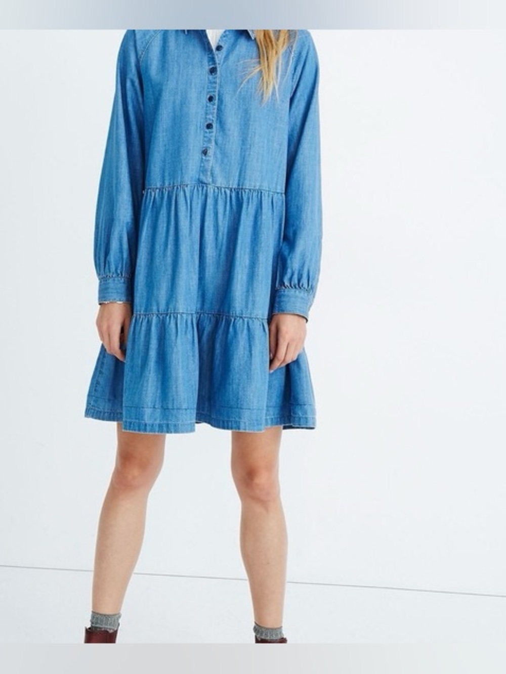 Madewell Chambray Tiered Shirt Dress Button Front Long Sleeve XXL